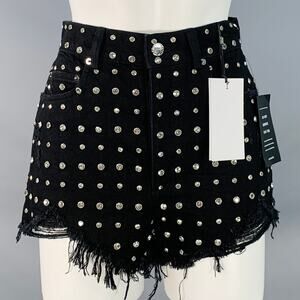 Angel Black Denim Twill Crystal Studded Distressed Button Fly Mini Shorts